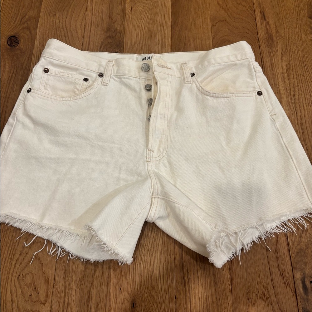 Agolde White Jean Shorts High-Waisted Frayed Hem
